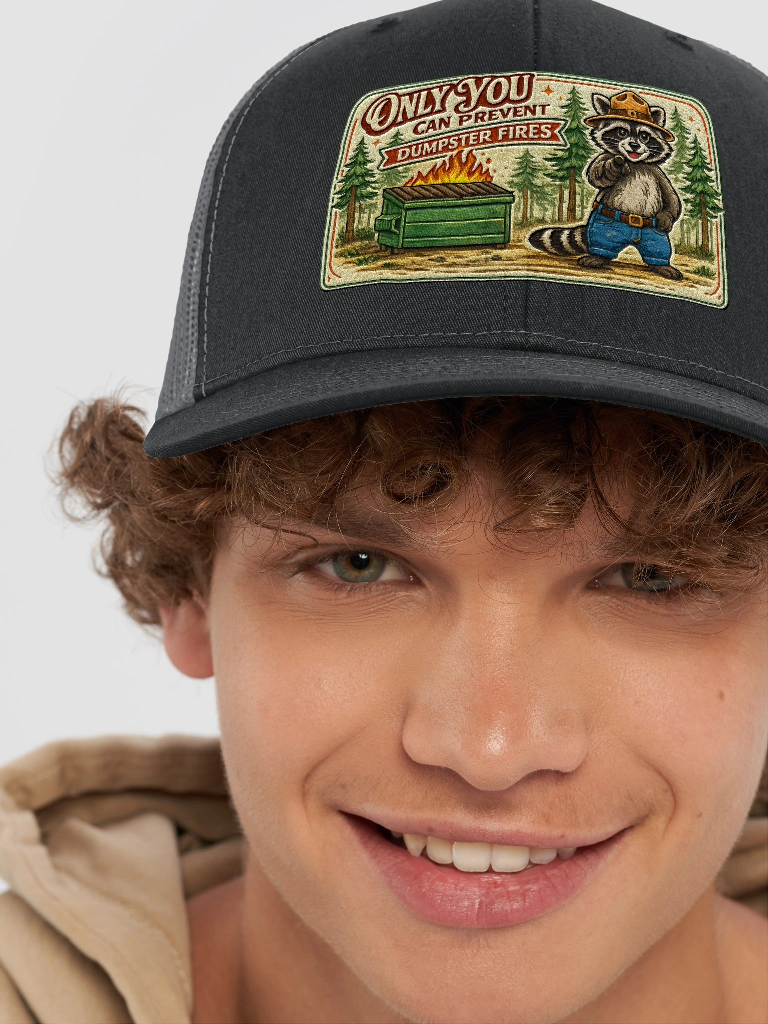 Dumpster Fire Raccoon Trucker Hat product image (3)