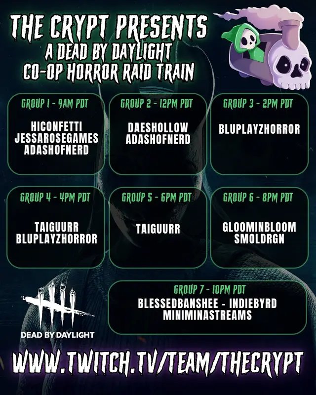 Today some of our Crypties are collabing for a special Dead By Daylight Raid Train! 🔪  Check out the schedule and stop by to meet some our our incredible team members!!  The raid train starts at 9am Pacific over on Twitch. 💜 @hiconfettittv @Jess @ADashOfNerd  @DaesHollow bluplayzhorror @taiga  @Gloominbloom @Smol Drgn @Byrdie Byrd ✨️🦉  @BlessedBanshee @MiniMina  #horror #deadbydaylight #twitchstreamer #fyp #gaming 