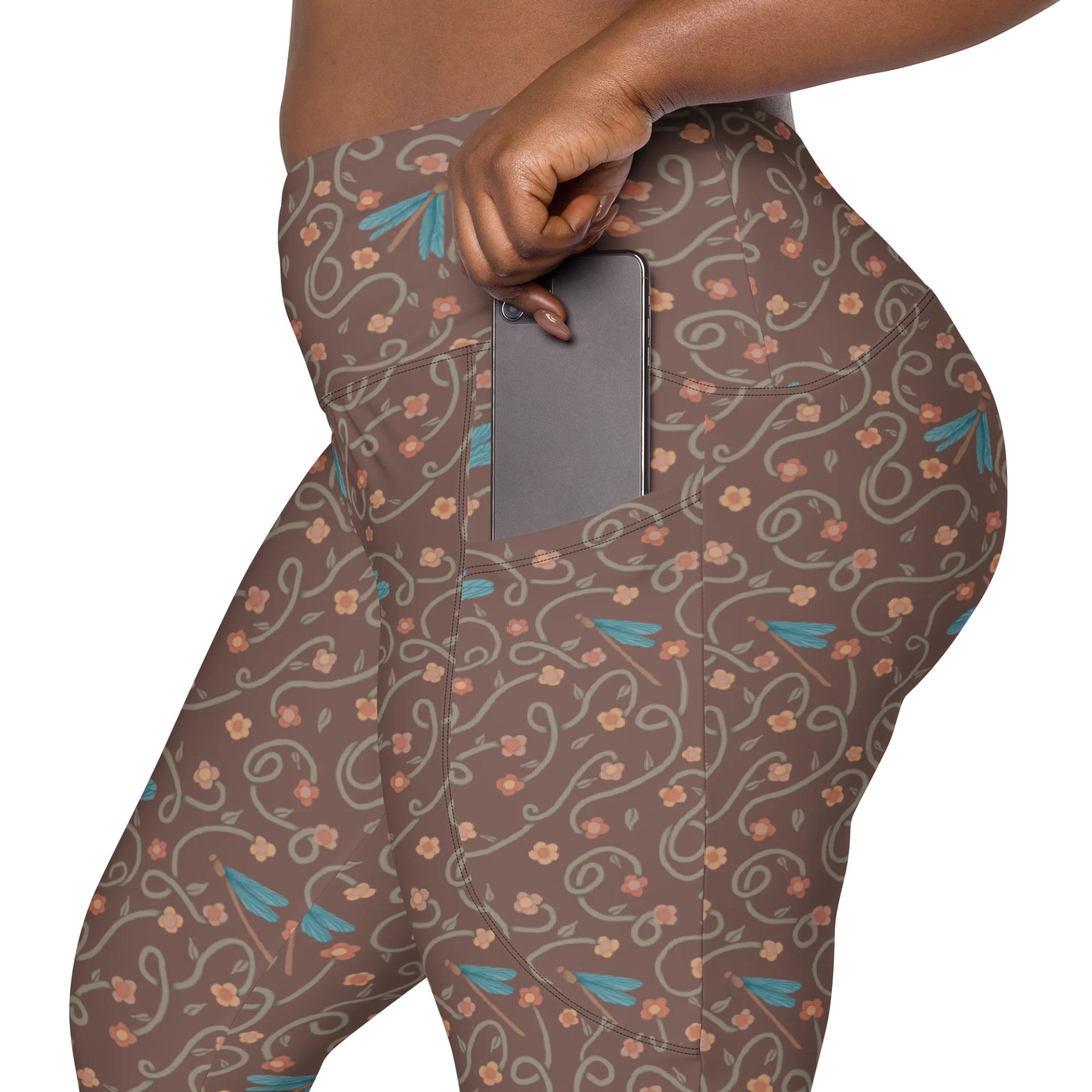All-Over print leggings with pockets. Dragonfly and floral artistic activewear product image (6)