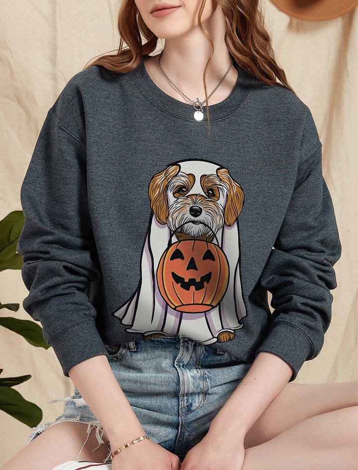 Funny Halloween Havanese(Brown & White) Sweatshirt | Funny Havanese Wearing a Ghost Costume and Holding a Pumpkin Basket product image (2)
