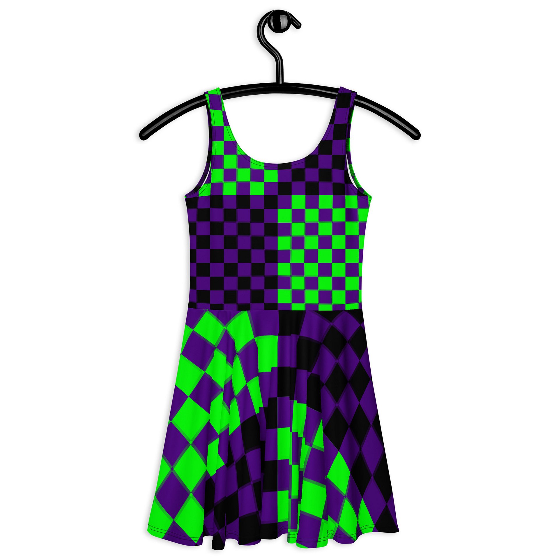 Twisted Checkers Skater Dress, Silly Clowncore Clothing, Fun Festival Outfit, Weird Rave Wear, Neon Green Purple Black Alternative Fashion product image (5)