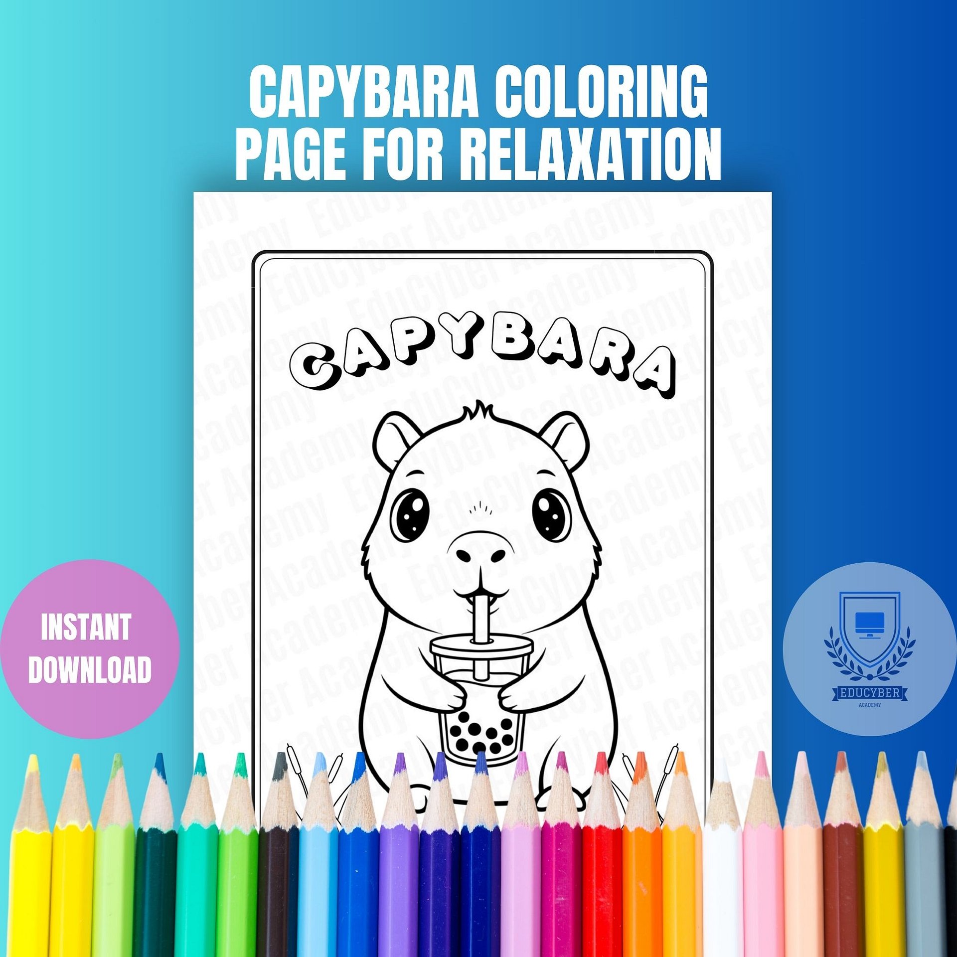 Cute Capybara Coloring Page Printable, Kawaii Animal Drinking Bubble Tea, Kids & Adults Activity, Instant Download | Capivara para Colorir Fofa PDF product image (1)