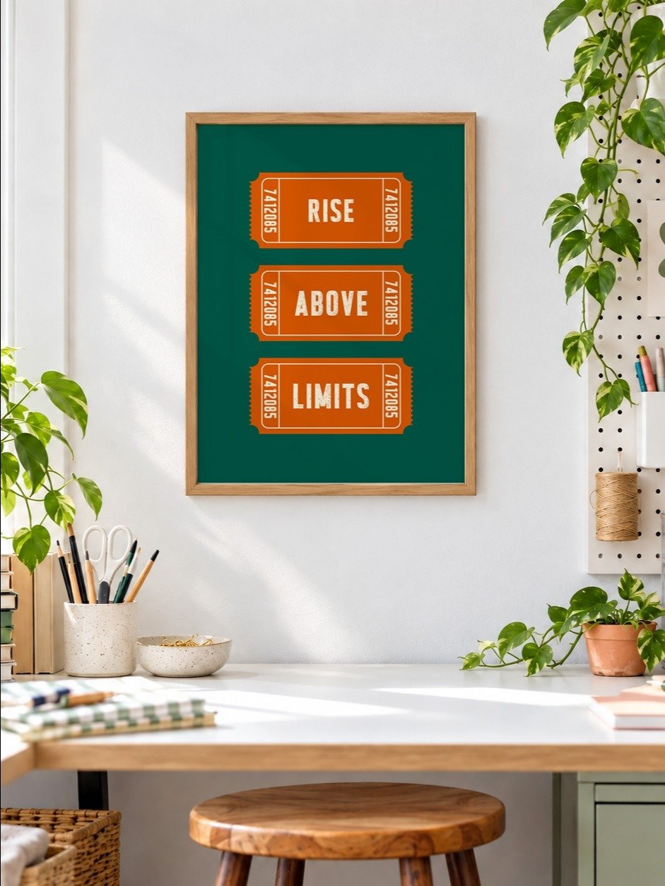 Rise Above Limits Motivational Poster, Retro Ticket Print, Dark Green Orange Typography Wall Art, Uplifting Art, Printable Inspirational Art product image (1)
