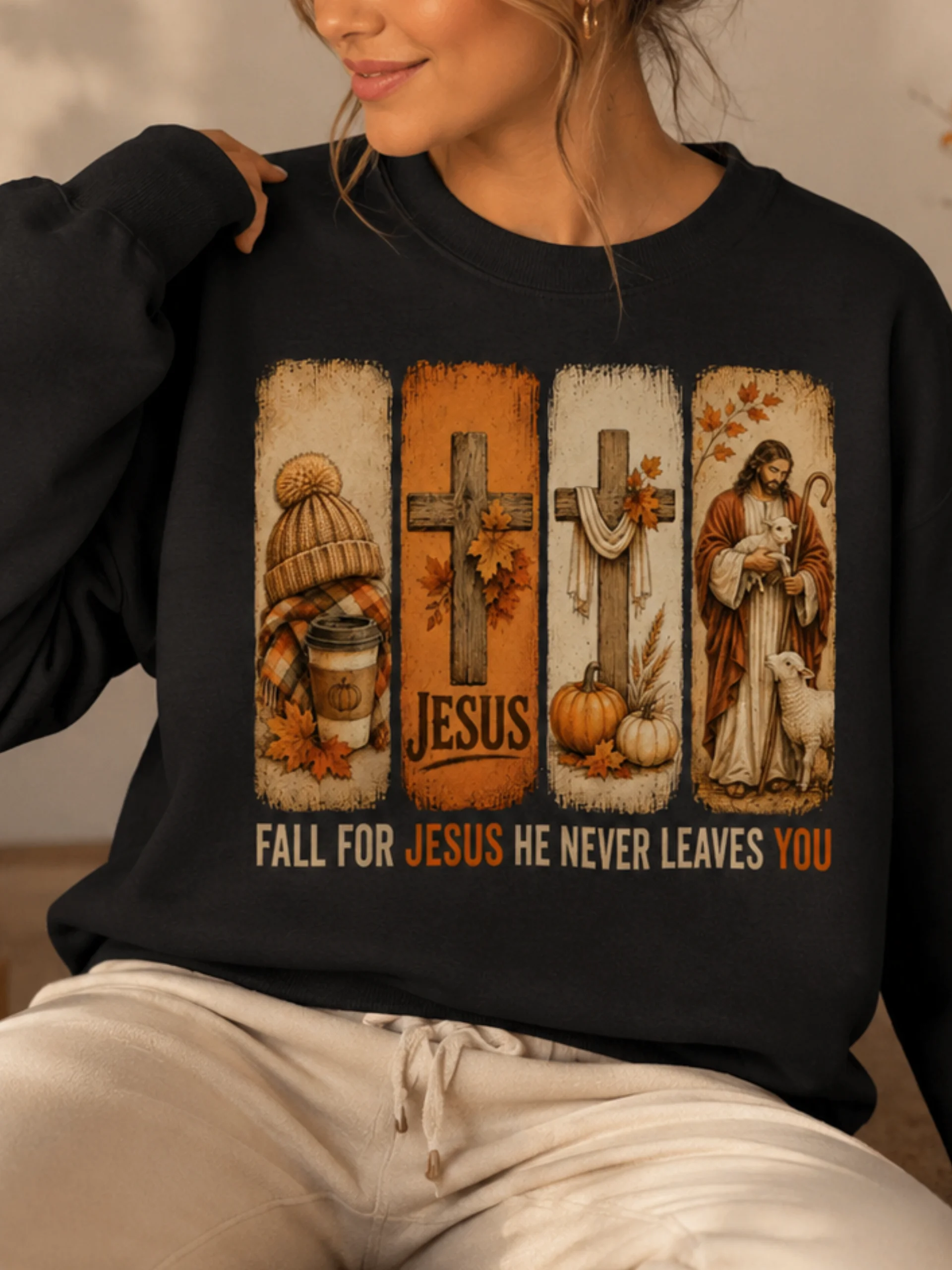 Fall for Jesus He Never Leaves You Sweatshirt | Funny Autumn Christian Crewneck product image (2)