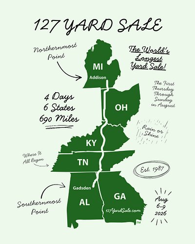 #127YardSale - The World's Longest Yard Sale!
4 Days • 6 States • 690 Miles

Start Planning: 127ys.co/yardsalers