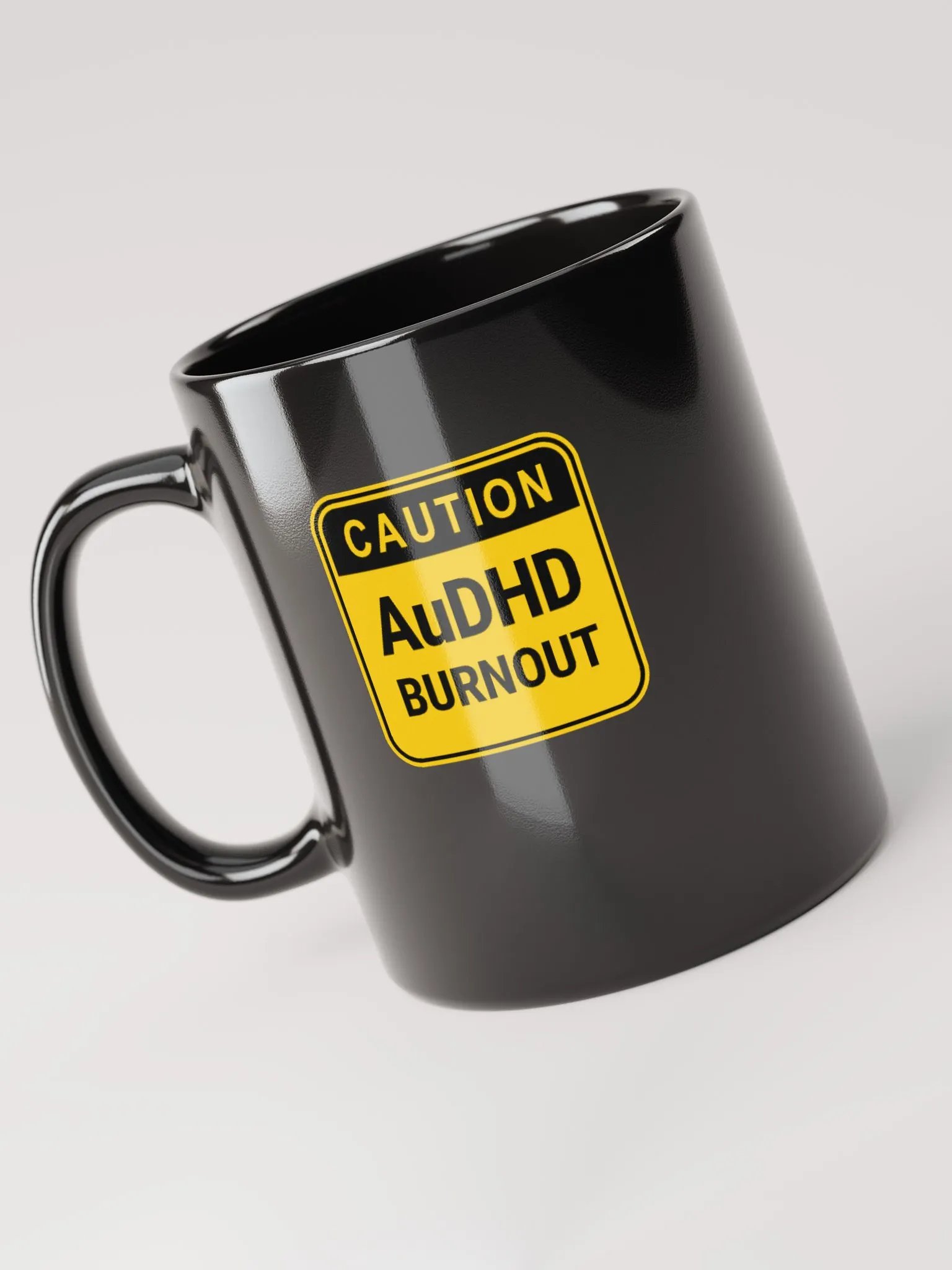 CAUTION: AuDHD BURNOUT glossy black mug product image (4)