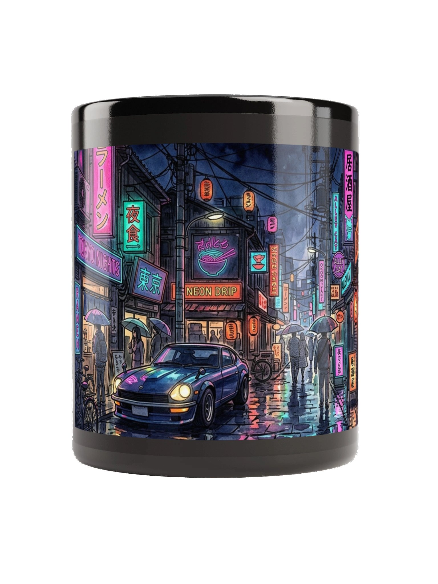 Tokyo Neon Night Retro Cyberpunk Black Glossy Mug product image (3)