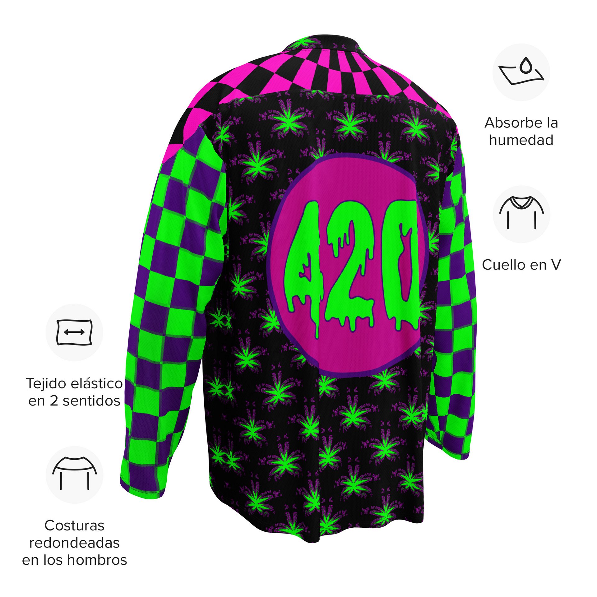Cannabis 420 Hockey Jersey, Pot Leaf Stoner Clothes, Weird Weed EDM Rave Shirt, Neon 90s Checkers Retro Fashion, Alt Techno Dance Party Wear product image (12)