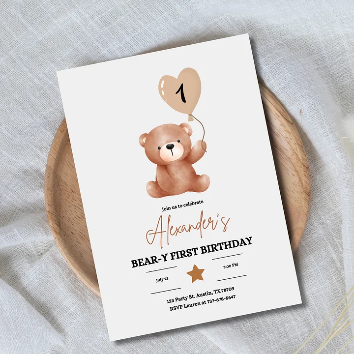 Bear-y First Birthday Invitation | Teddy Bear Birthday Invite | Editable Canva Template product image (1)