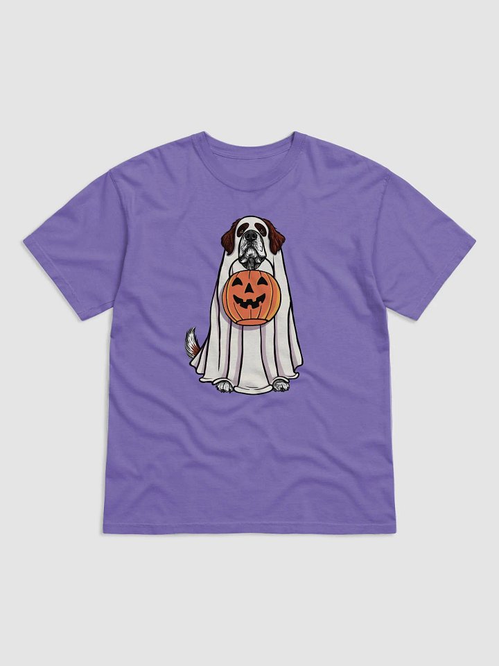 Funny Halloween Saint Bernard(Mahogany) T-Shirt | Funny Dog Wearing a Ghost Costume and Holding a Pumpkin Basket product image (1)