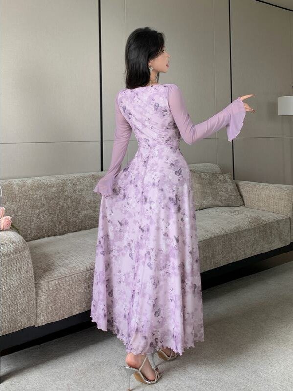 Modelyn Purple Butterfly Floral Mesh Print Pleated Ruffle Hem Elegant Romantic High-End Wedding Women's Midi Dress Date Tea Party Garden Autumn product image (3)