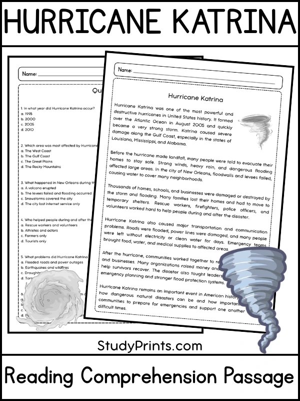 Hurricane Katrina Reading Comprehension Passage and Questions | Printable PDF product image (1)