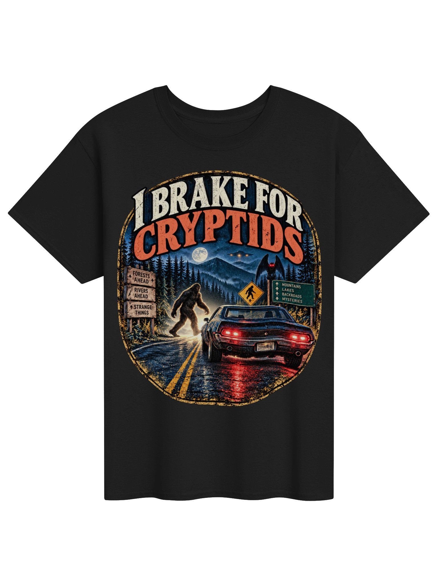 I Brake for Cryptids T-Shirt – Bigfoot & Mothman Road Trip Tee product image (1)