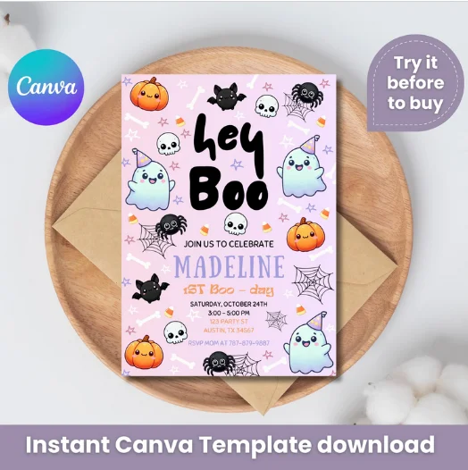 Pink Ghost Birthday Invitation | Hey Boo Cute Halloween Party Invite | Instant Canva Download | Canva Template product image (1)