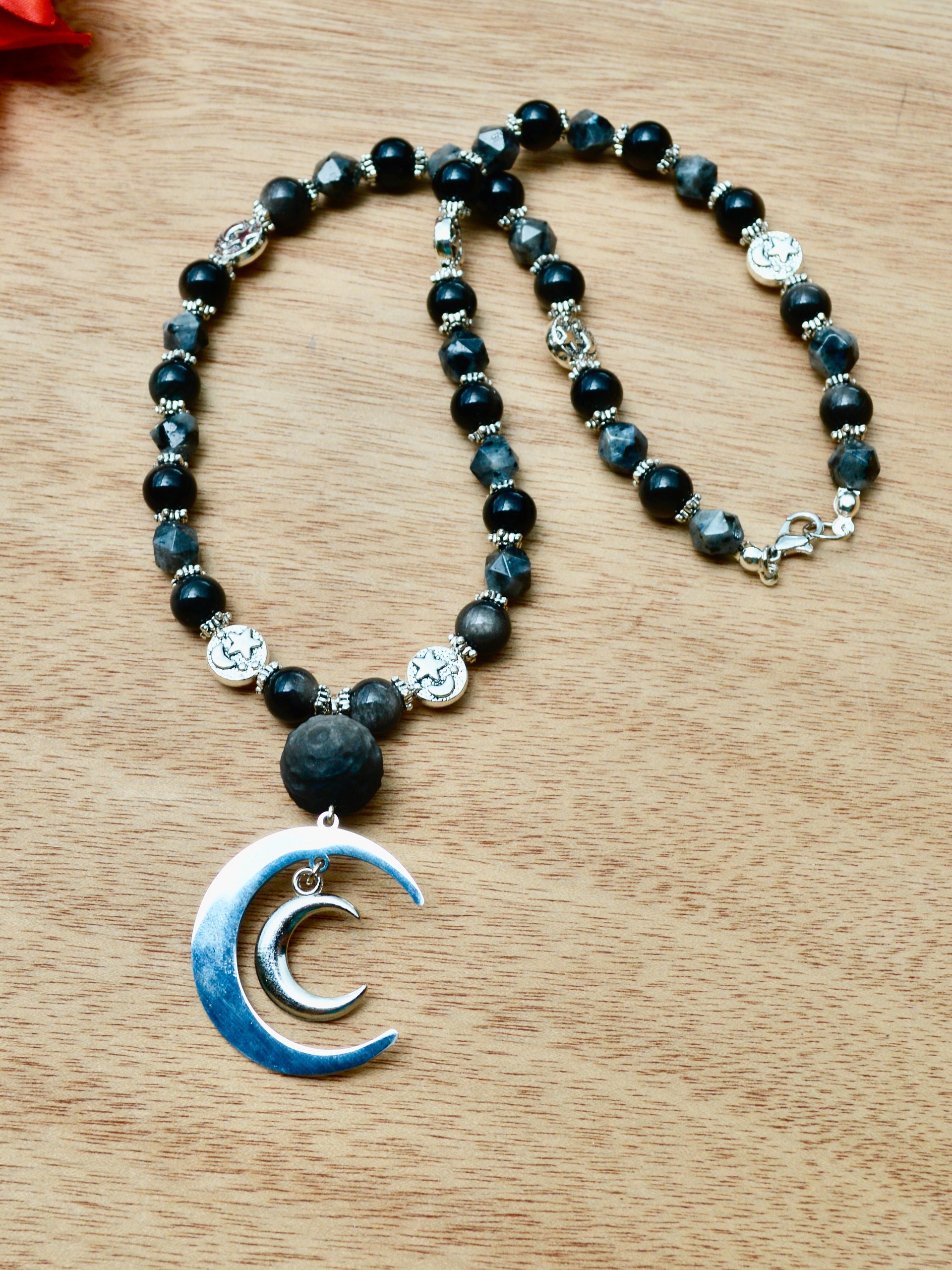 Obsidian Moon Beaded Pendant Necklace With Larvikite Gemstones and Silver Beads product image (2)
