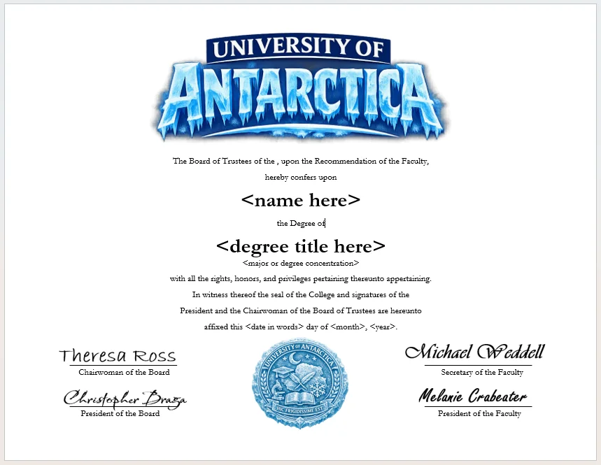 University of Antarctica degree parchment product image (1)