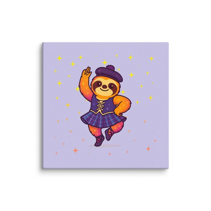 Highland Dance Sloth Mini Canvas – Cute Purple Tartan Scottish Sloth Wall Art for Dancers, Teachers, and Sparkly Decor Fans (6x6") product image (1)