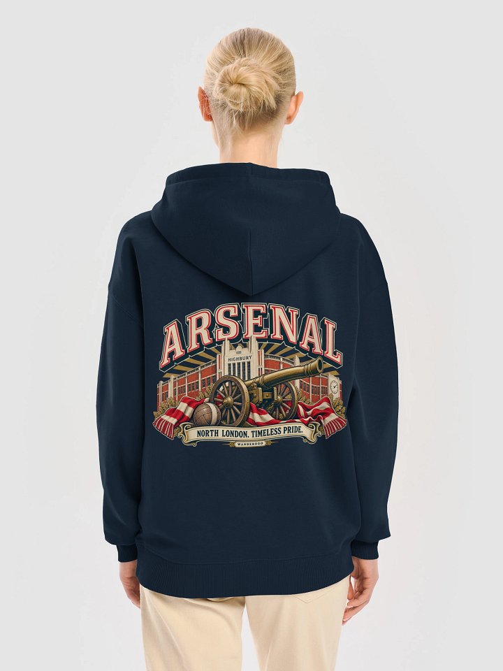 Arsenal Highbury retro football back print on a navy hoodie