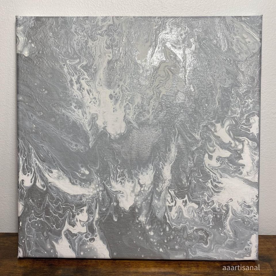 Silver & White Abstract Acrylic Pour Painting on 12x12 Inch Canvas product image (3)