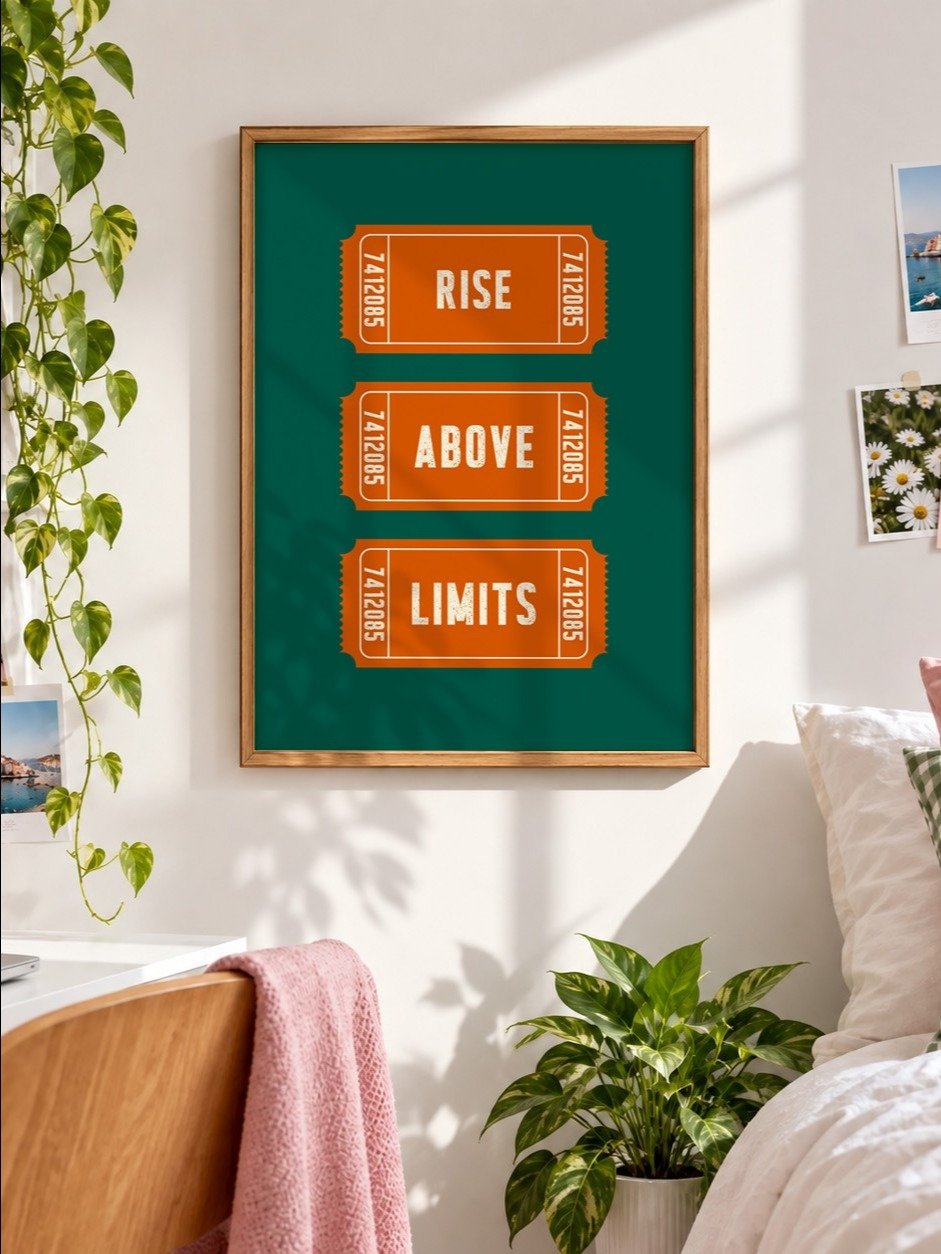 Rise Above Limits Motivational Poster, Retro Ticket Print, Dark Green Orange Typography Wall Art, Uplifting Art, Printable Inspirational Art product image (7)