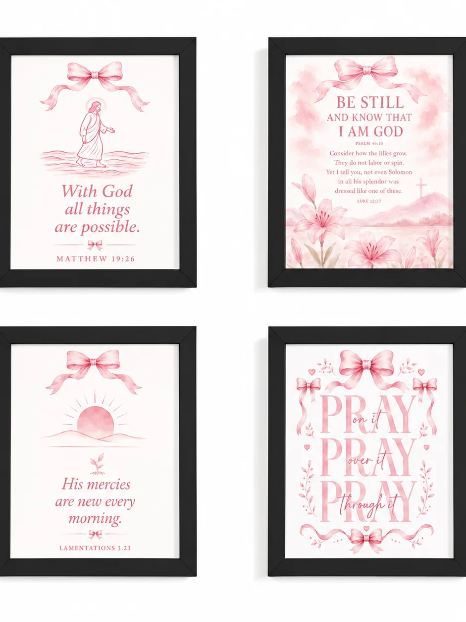 Pink Coquette Bow Framed Christian Wall Art Bundle Set of 4 Bible Verse Decor product image (2)