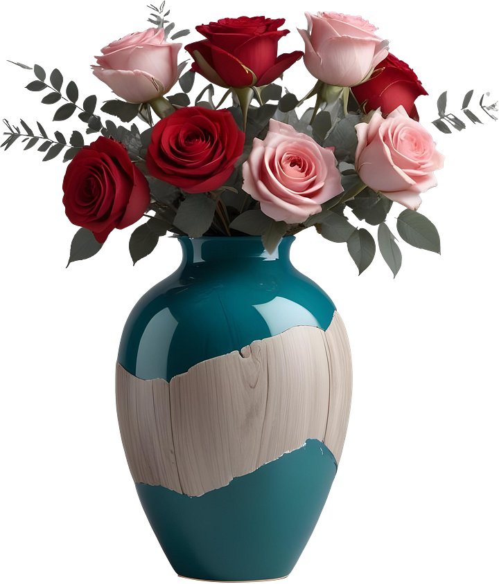 Romantic Teal and Wood-Textured Vase with Roses PNG product image (1)