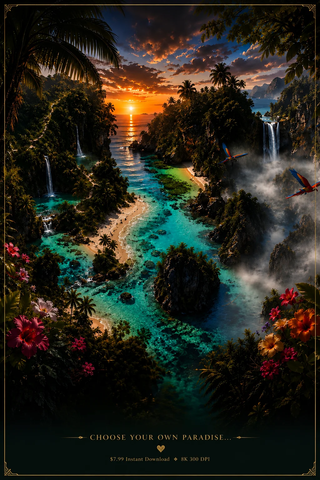 Choose Your Paradise Sunset Wall Art | Tropical Waterfall Beach 8K Printable Download product image (1)