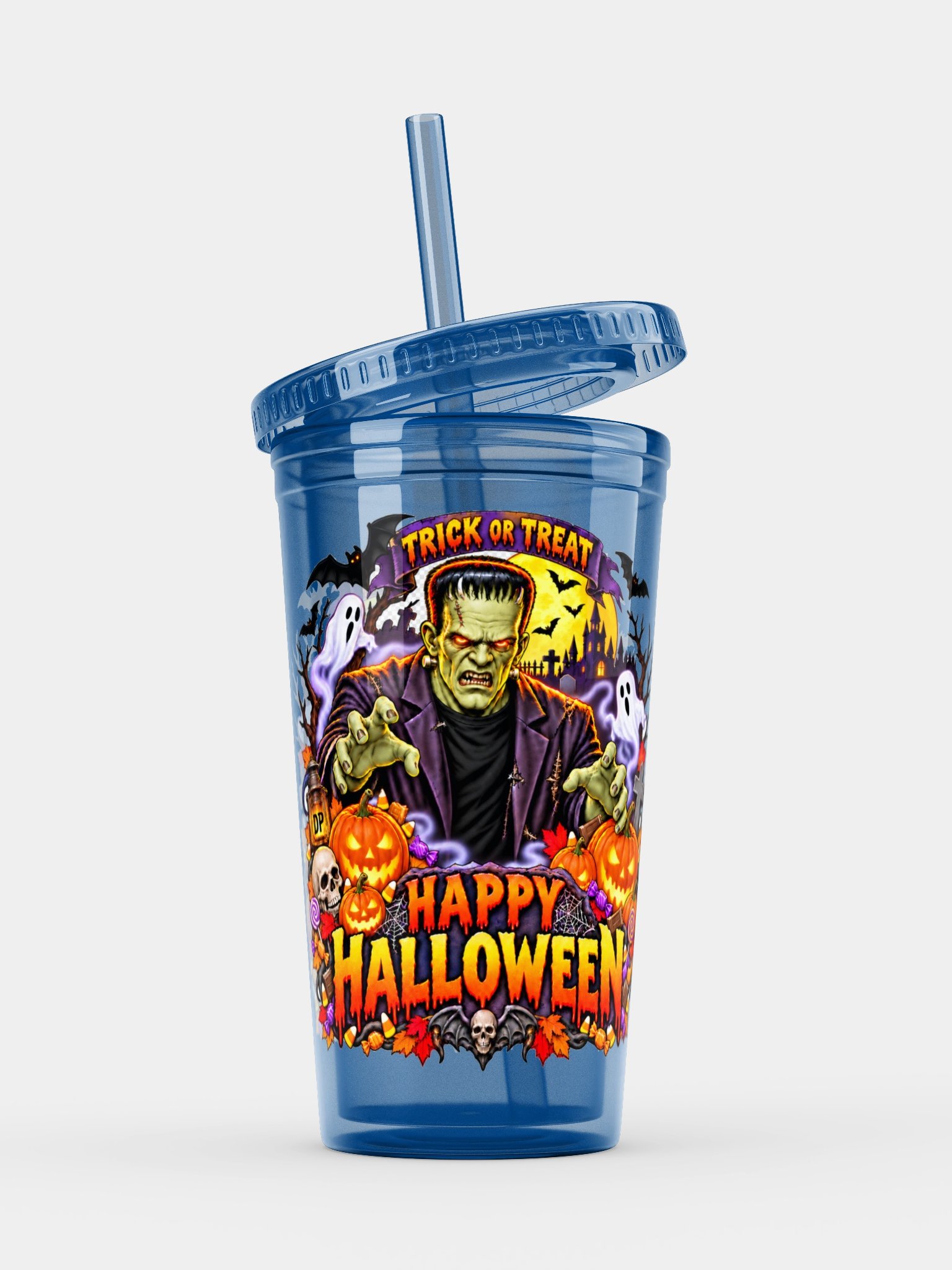 Frankenstein Happy Halloween Double Wall Clear Plastic Tumbler product image (6)