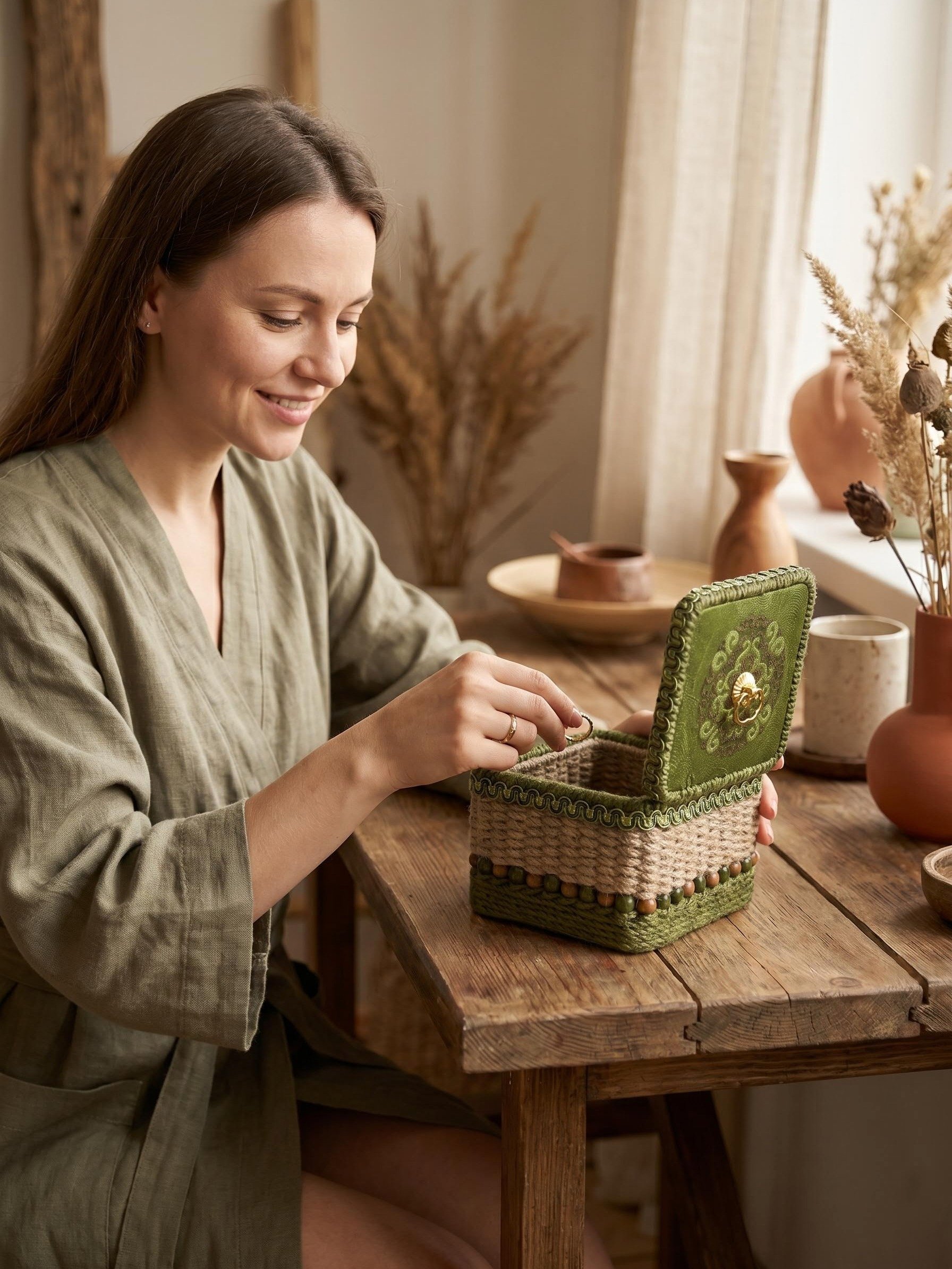 Handwoven Tibetan Soma Basket with Silk Su Embroidery | Eco-Friendly Jute Keepsake Box product image (6)