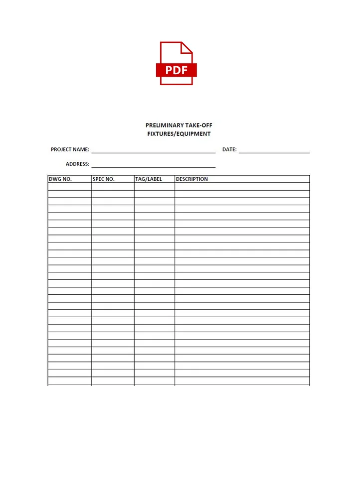 Preliminary Take-Off - Fixtures & Equipment - PDF Print product image (1)