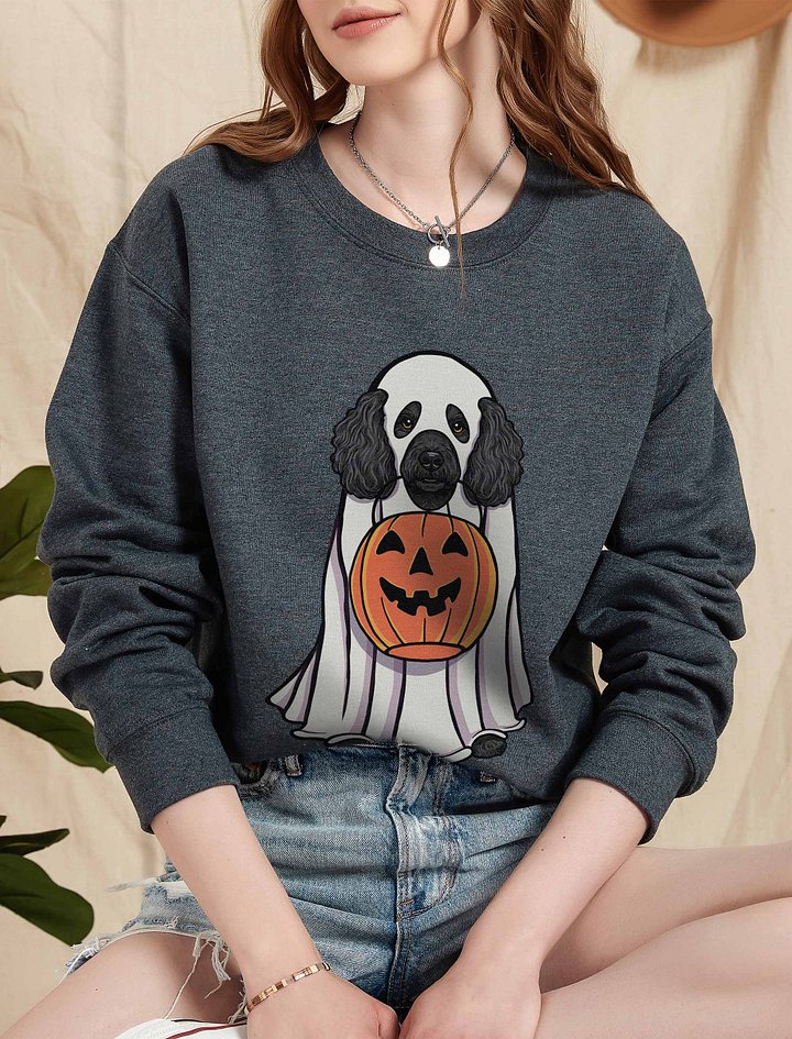 Funny Halloween Mini Poodle(Black) Sweatshirt | Funny Poodle Wearing a Ghost Costume and Holding a Pumpkin Basket product image (2)
