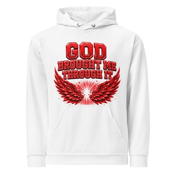 God Brought Me Through It White Hoodie – Red Wings Edition product image (1)