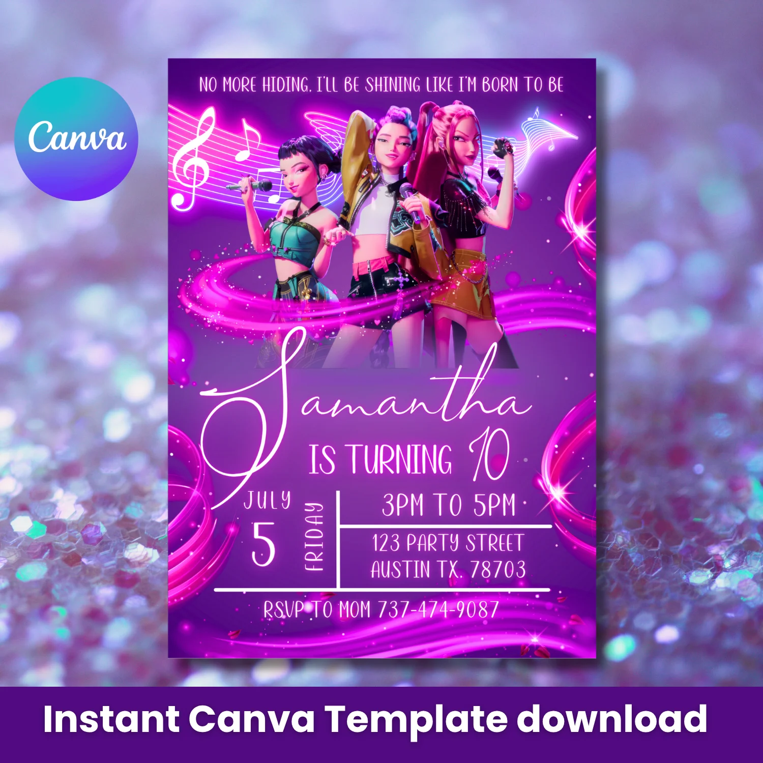 K-Pop Demon Hunter Birthday Invitation – Neon Pink Concert Theme (Editable Canva Template) product image (1)
