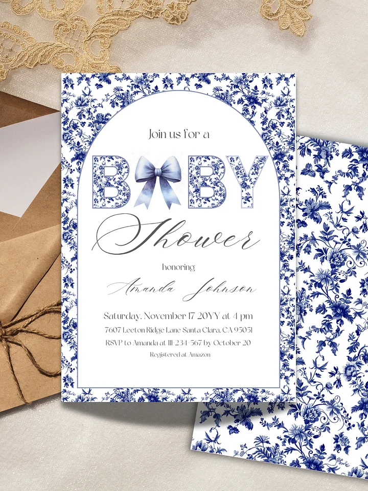 Blue Toile de Jouy and Bow Baby Shower Invitation, Chinoiserie Floral Theme, Boy Baby Shower Invite for Digital Download product image (2)