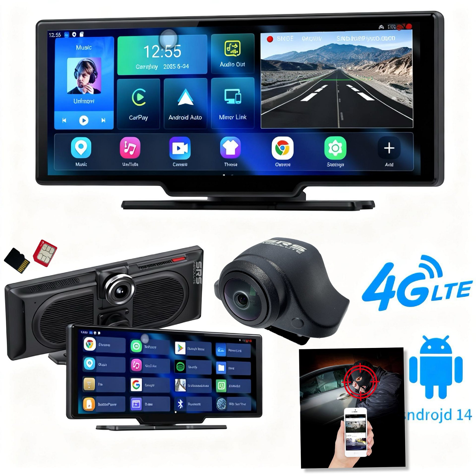 SRS ABSOLUTE dual 4G Dash Cam 8GB RAM Android14 ADAS Wireless CarPlay GPS+Live Video Bluetooth WIFI HotSpot 1TB MicroSD Supp Map-Apps-PlayStore-MultiTask Steering Control Split Screen-Gen4 product image (1)