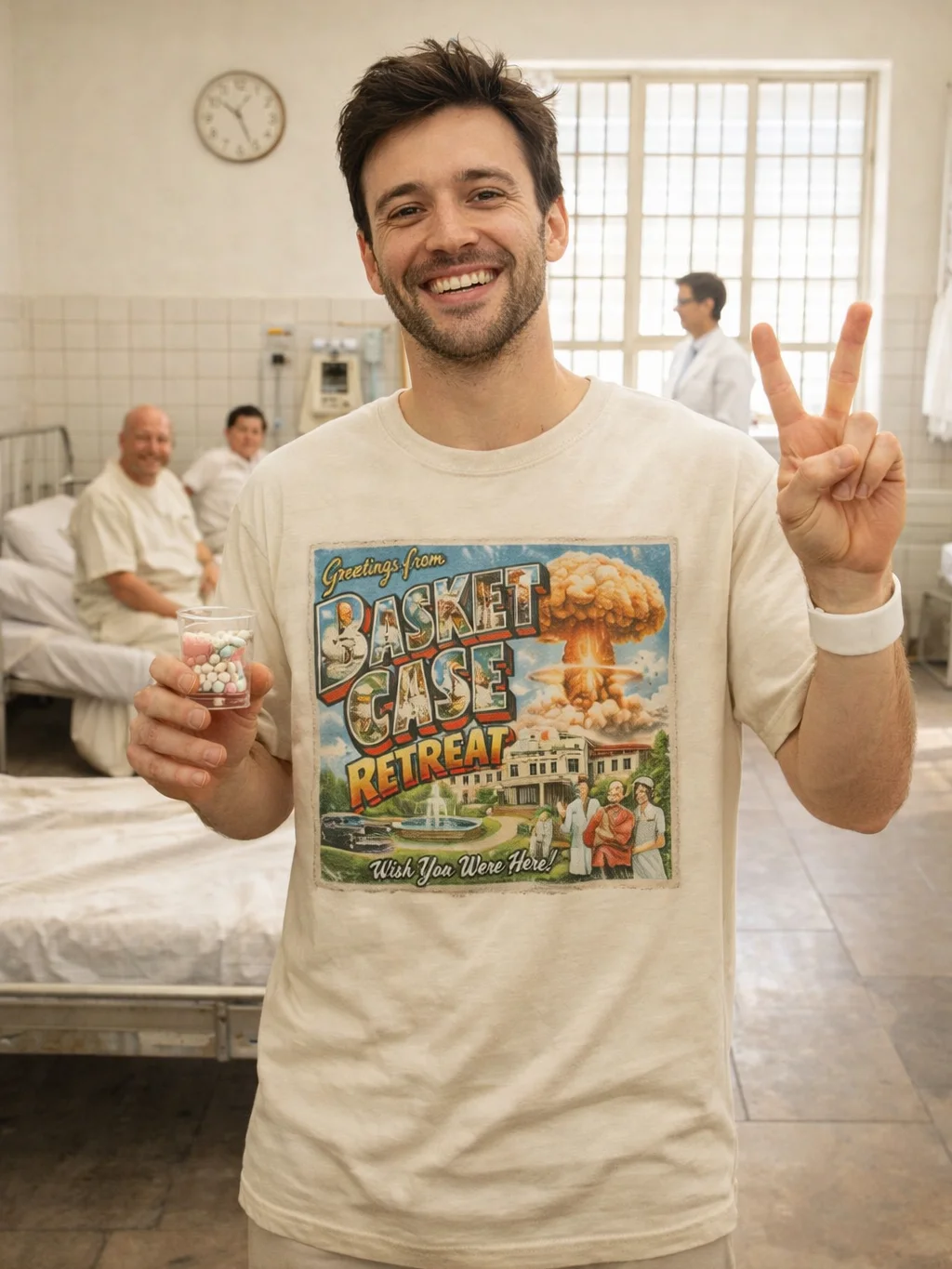 Basket Case Retreat Tee – 90s Retro Apocalypse Postcard Shirt product image (1)