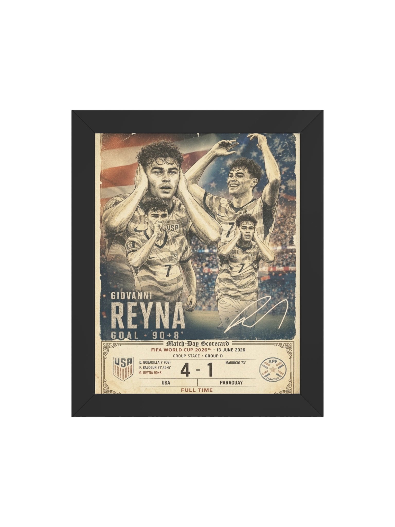 Giovanni Reyna FIFA World Cup 2026 Framed Poster | USA 4-1 Paraguay Match-Day Scorecard | USMNT Soccer Wall Art 12x16 product image (4)