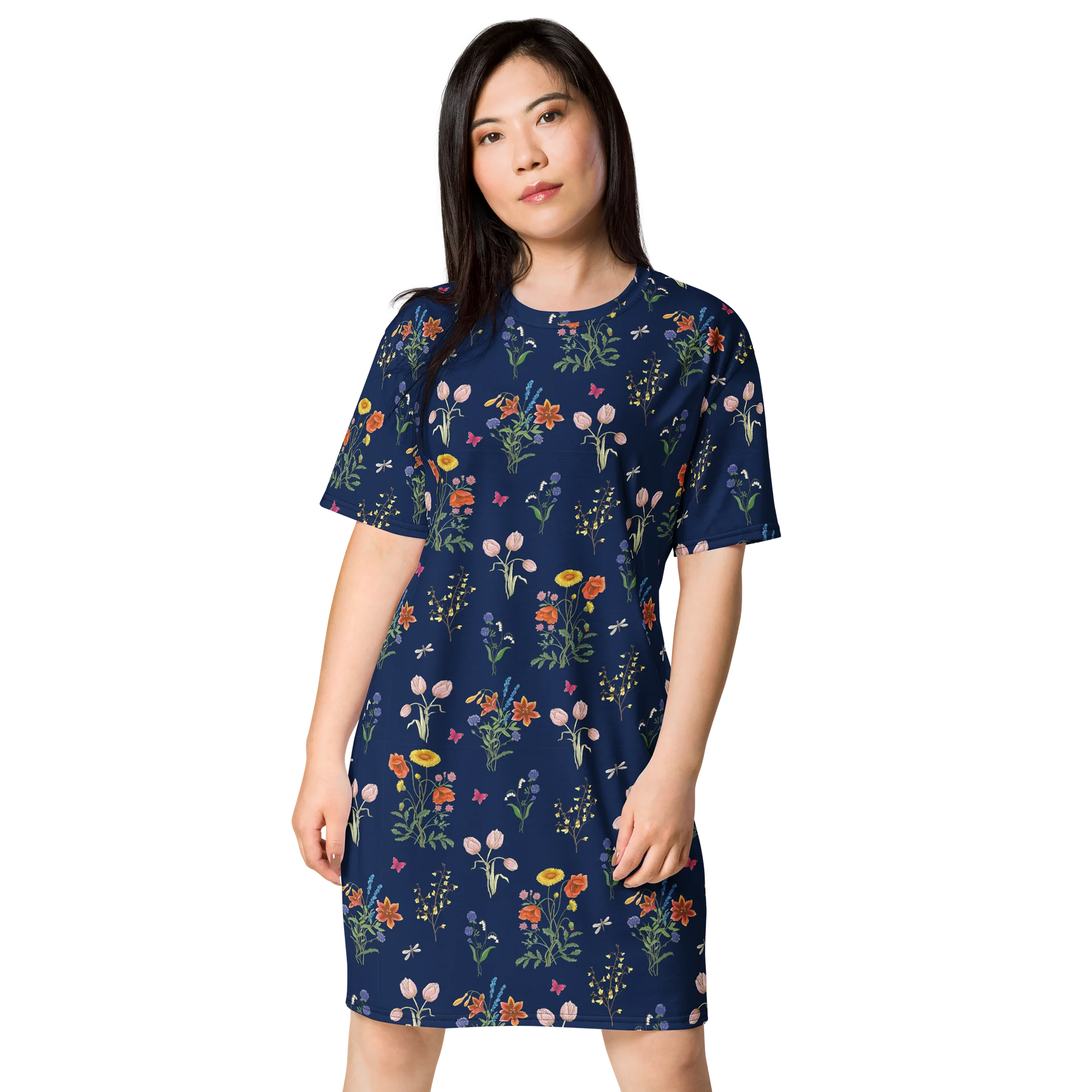 Stylish T-Shirt Dress with Enchanted Garden Tulip Flowers product image (1)