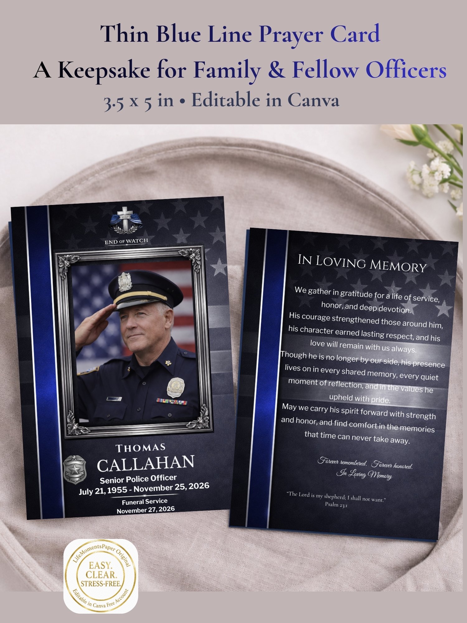 Thin Blue Line Police Funeral Prayer Card Template, Editable Canva Memorial Card for Law Enforcement Officers product image (7)