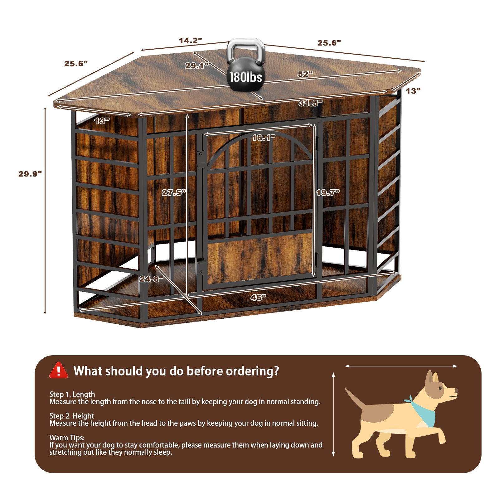 52 inch Corner Dog Crate Wooden Large Dog Kennel Indoor, Large Indoor Dog Crate Decorative Pet House for Medium Large Dogs Vintage Brown product image (8)