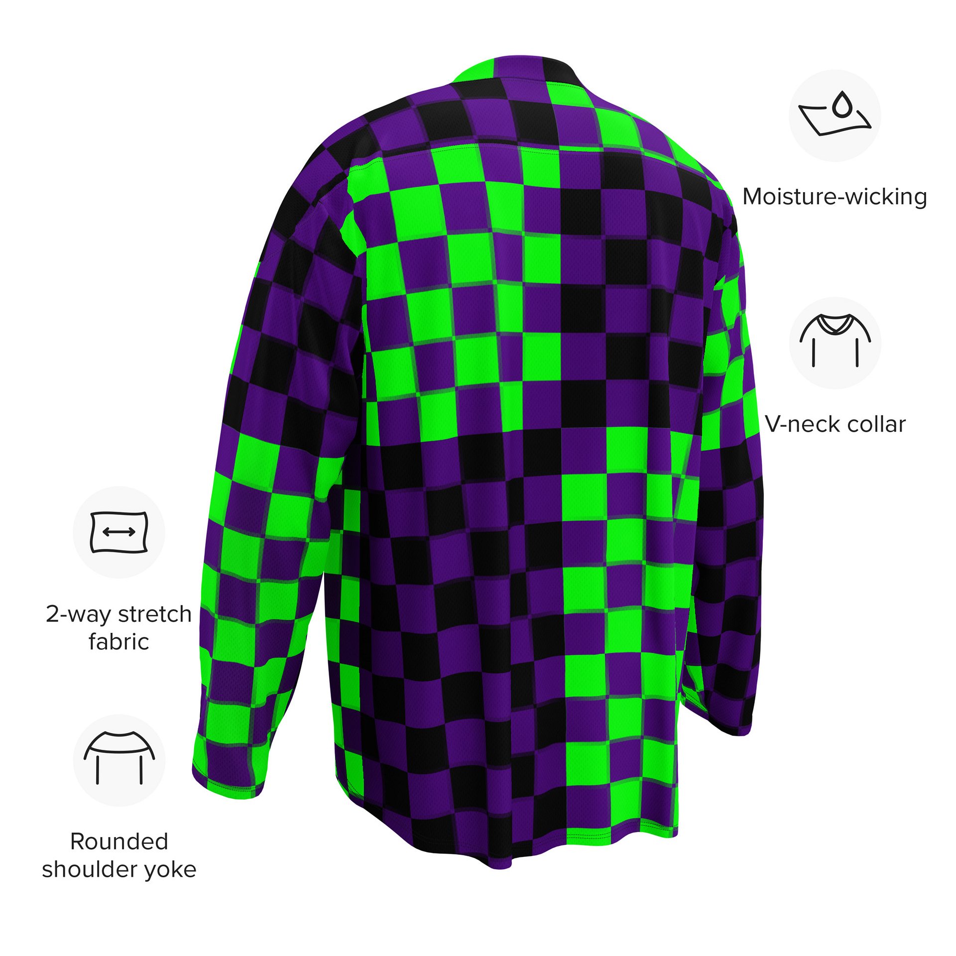 Rave Recycled Hockey Jersey, Twisted Checkers Clowncore Clothing, Silly Circus Style Fun Festival Top, Neon Green Purple Black Odd EDM Shirt product image (10)