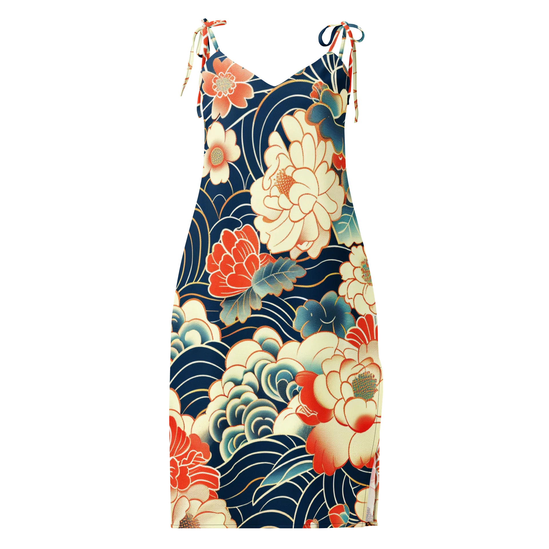 Traditional Japanese Floral Chiffon Slip Dress - Peony Wave Midi Dress product image (1)