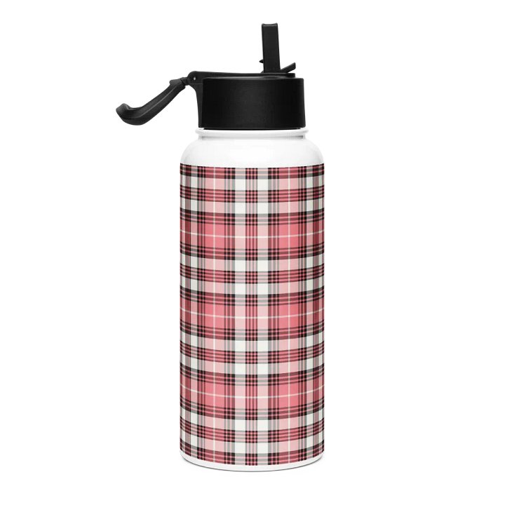 Coral Pink, Black, and White Plaid Water Bottle product image (1)