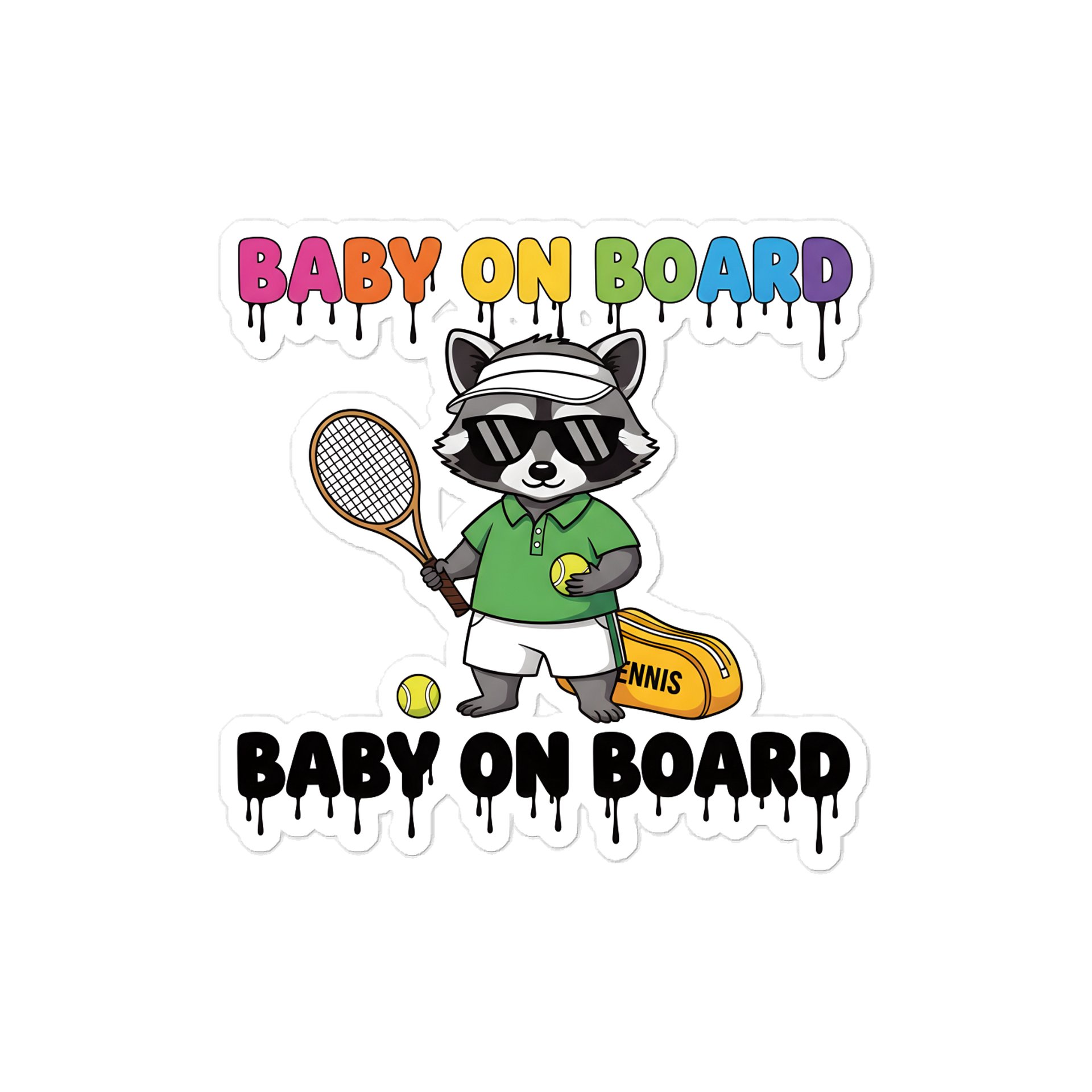 Funny Raccoon Tennis Baby on Board Sticker - 5x5 Weatherproof Vinyl Car Decal - Premium Raccoon Tennis Court Accessory product image (1)