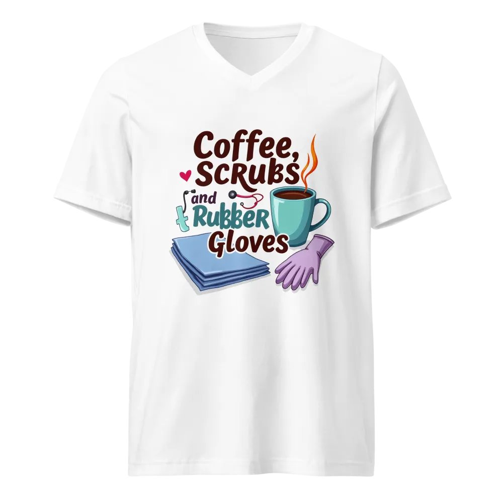 Coffee, Scrubs, and Rubber Gloves V-Neck Tee product image (1)