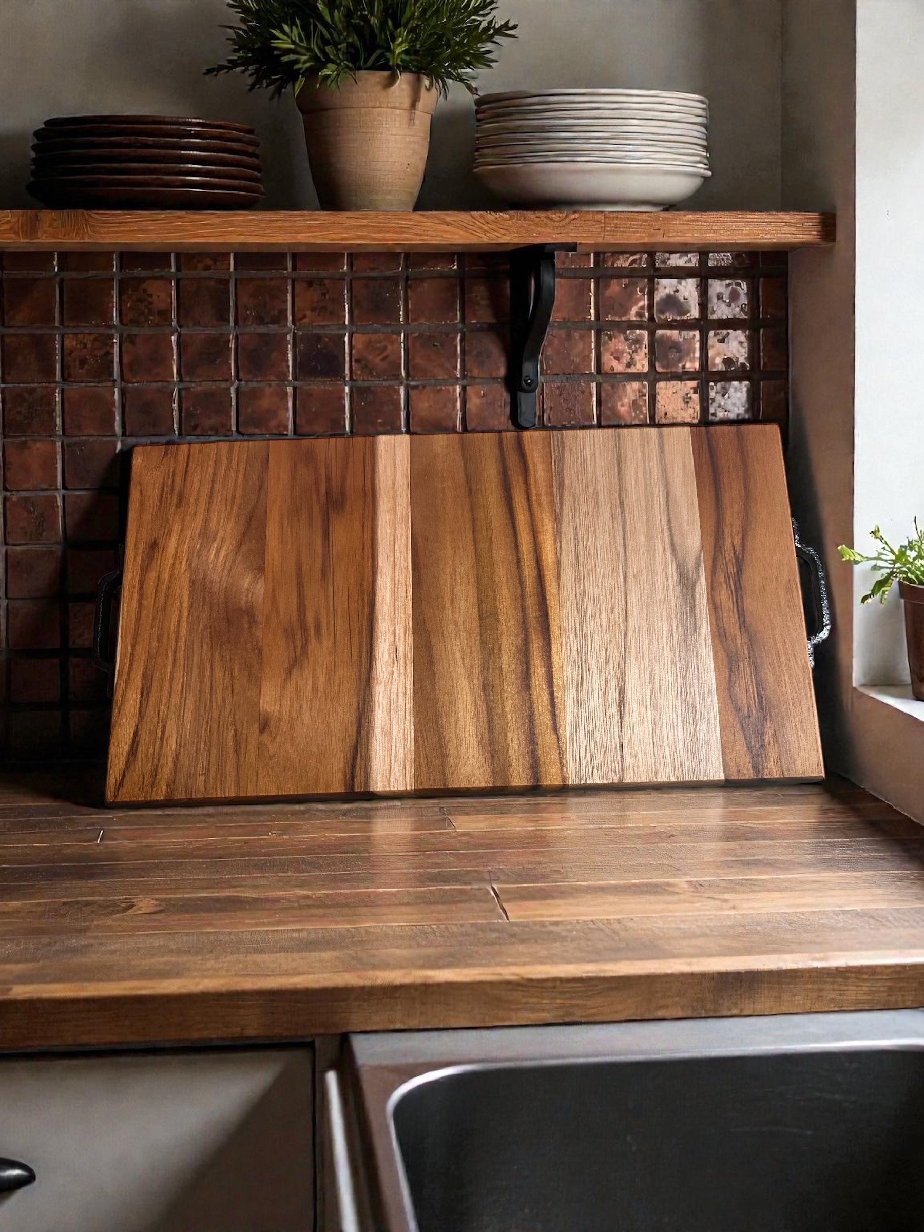 Solid Teak Cutting Board Amish Made Handles Raised Grain Food Safe product image (4)