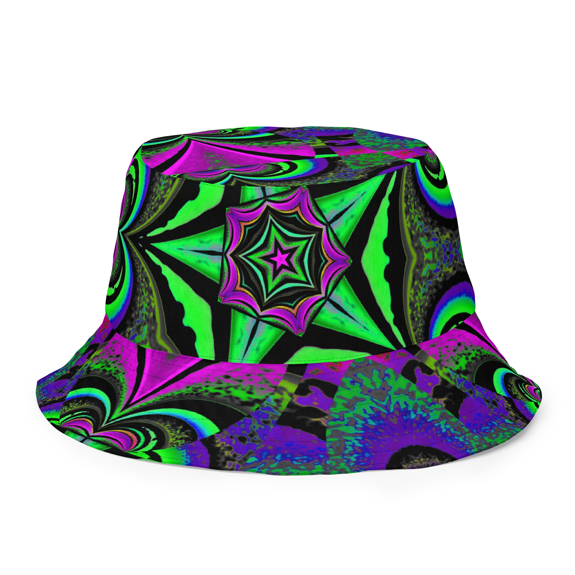 Psychedelic Stoner Raver Reversible Bucket Hat, Weird Weed Leaf 420 Festival Fashion Accessory, Kaleidoscope Star Trippy Cannabis Art product image (1)