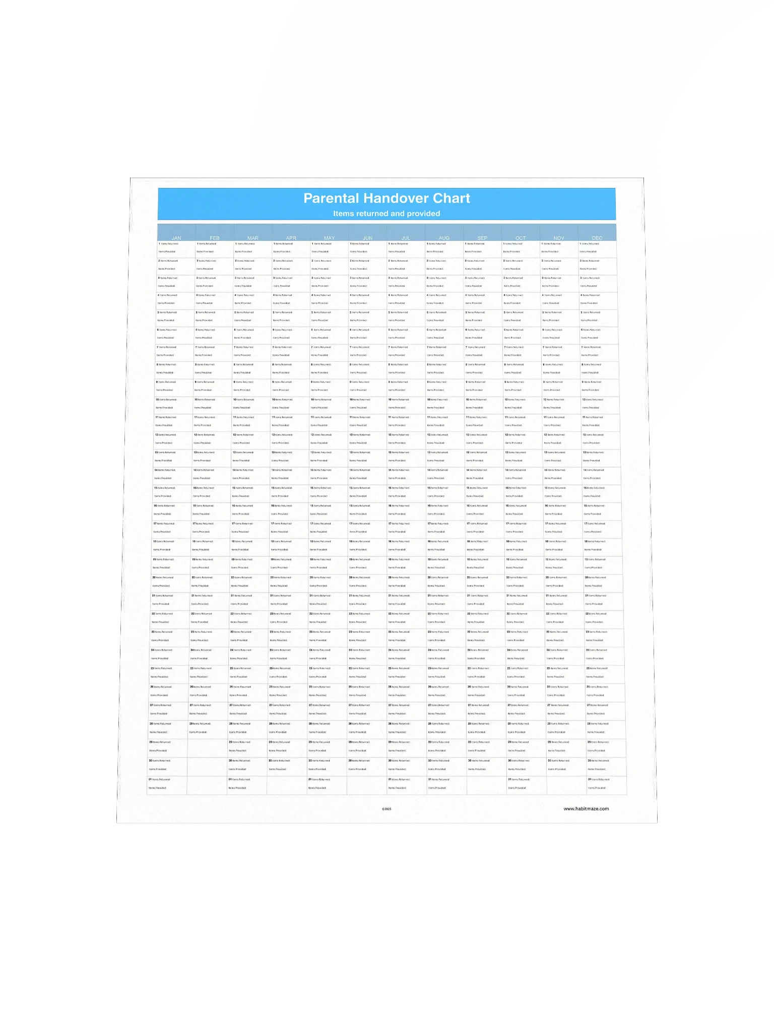 Parental Handover Chart ( 1 Year ) product image (5)