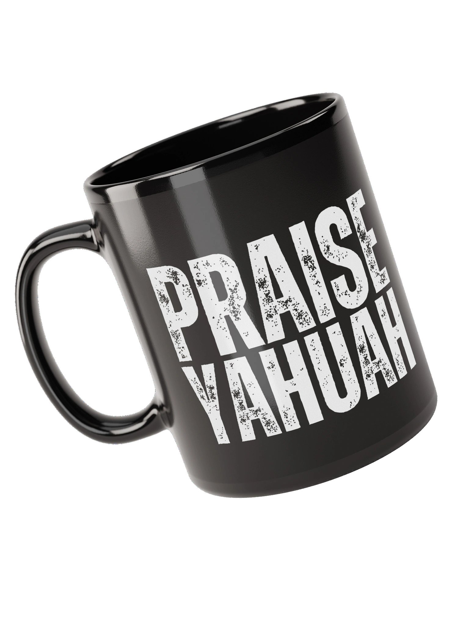 PRAISE YAHUAH Black Distressed Style Mug | Glossy Ceramic Hebrew Cup product image (3)