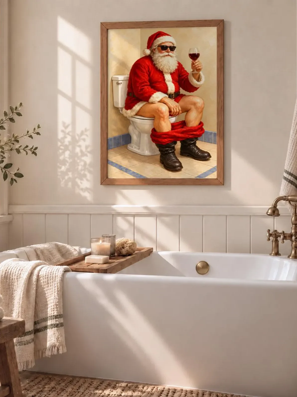Funny Santa Toilet Print, Christmas Bathroom Wall Art, Sunglasses and Wine Poster, Quirky Holiday Decor, Printable Gift for Cozy Powder Room product image (5)